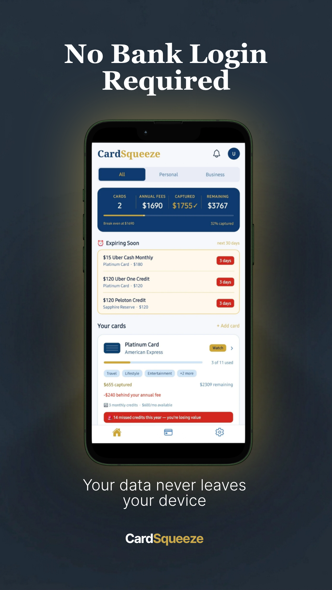 No bank login required — your data never leaves your device