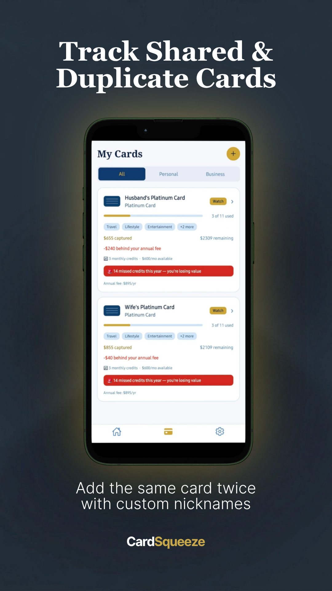Track shared and duplicate cards with custom nicknames
