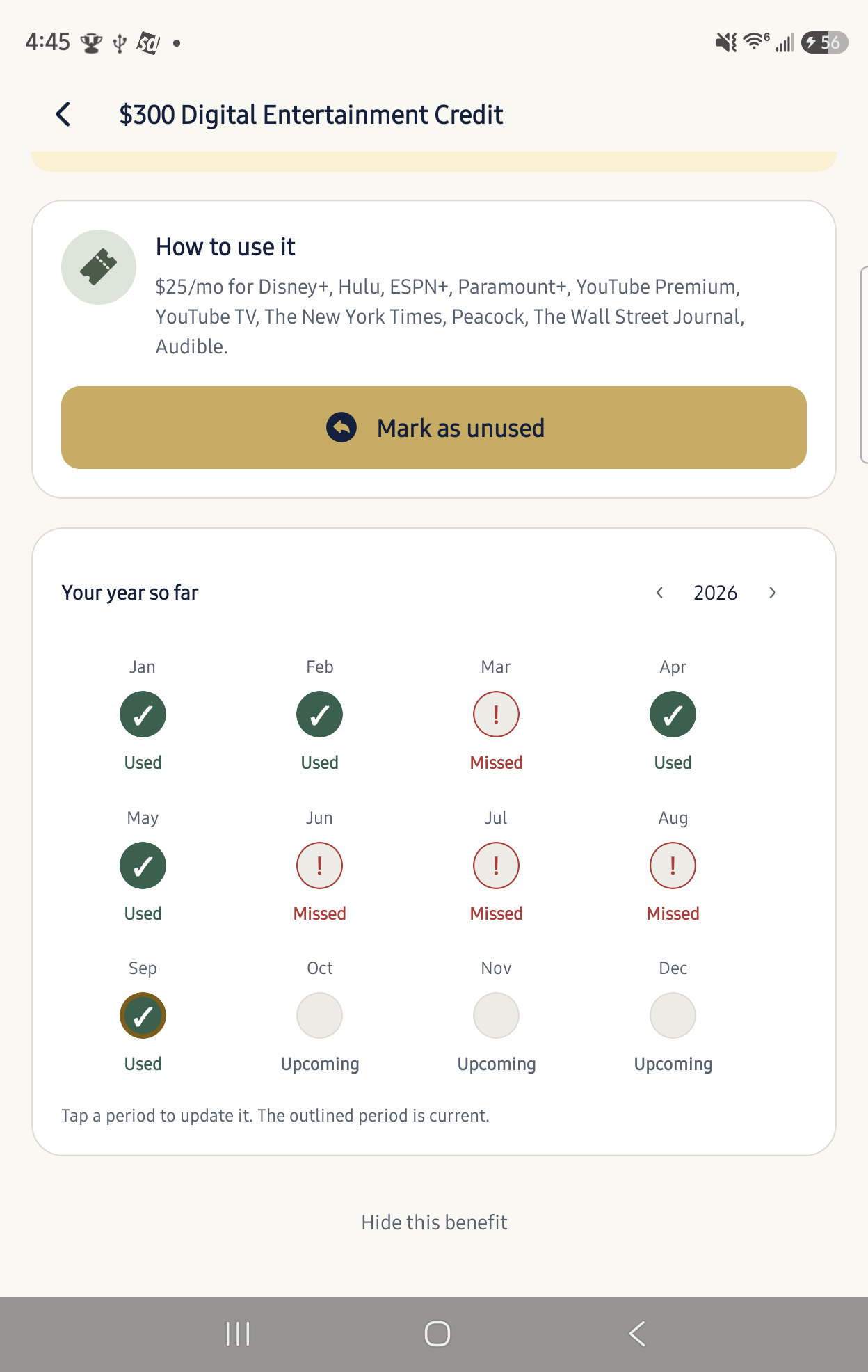 Monthly benefit history showing used, missed and upcoming periods