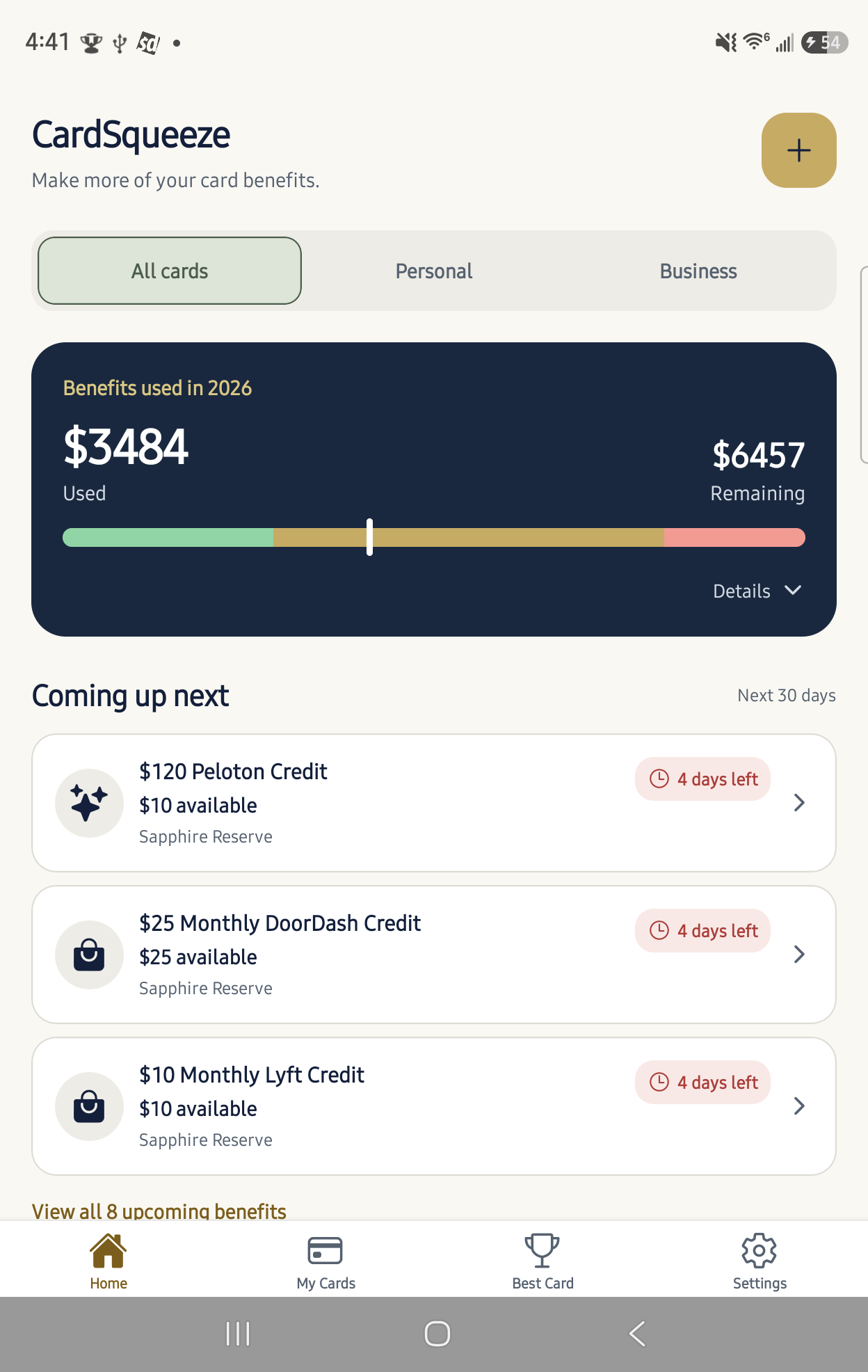 CardSqueeze Home showing benefits used, remaining value and upcoming benefit resets
